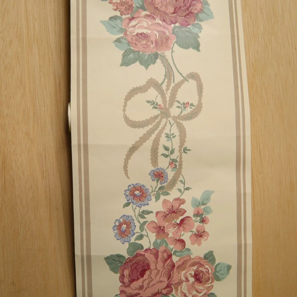 Vintage Floral Wallpaper Border Pink Rose Blue Flower Bow 70ft x 7in Cottagecore